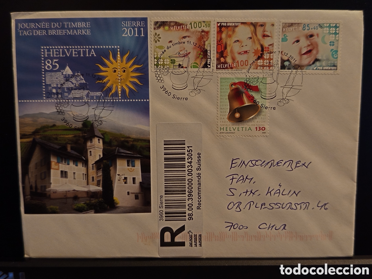 Sellos: Carta Certificada de Suiza - D&iacute;a del Sello Sierre 2011 con Hoja Bloque y Pro Juventute