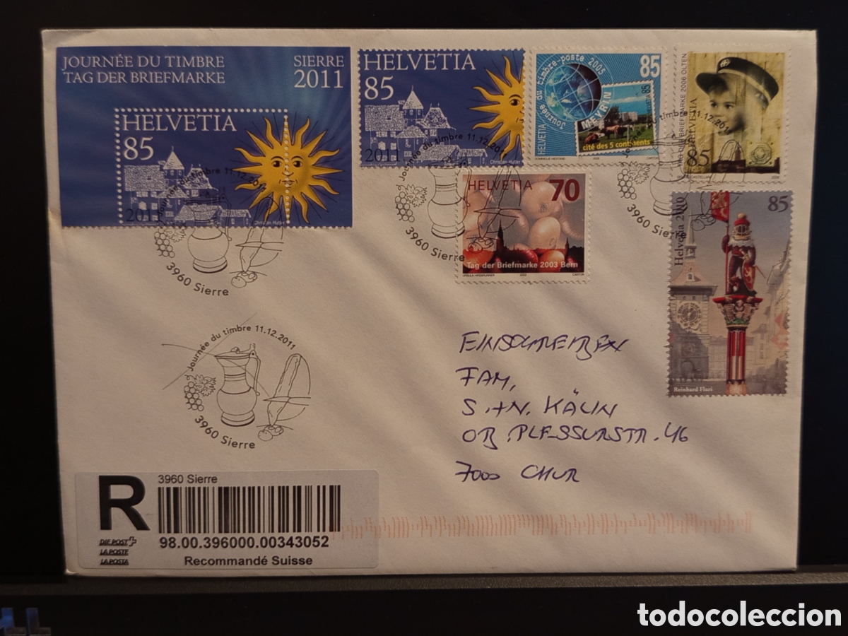 Sellos: Carta Certificada Sin Abrir de Suiza - D&iacute;a del Sello Sierre 2011 con Hoja Bloque y Conmemorativos