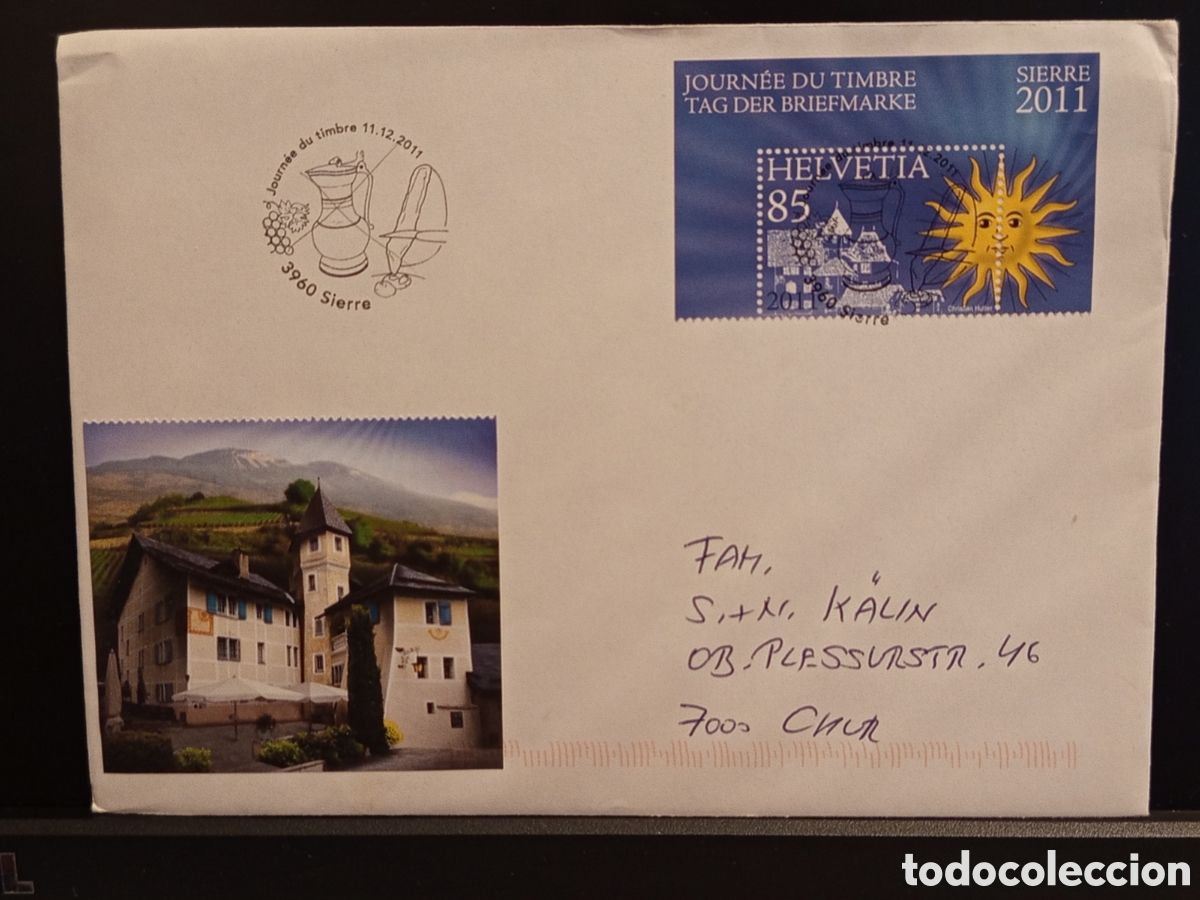 Sellos: Carta Sin Abrir de Suiza - D&iacute;a del Sello Sierre 2011 con Hoja Bloque &rdquo;Sol de Sierre&rdquo;
