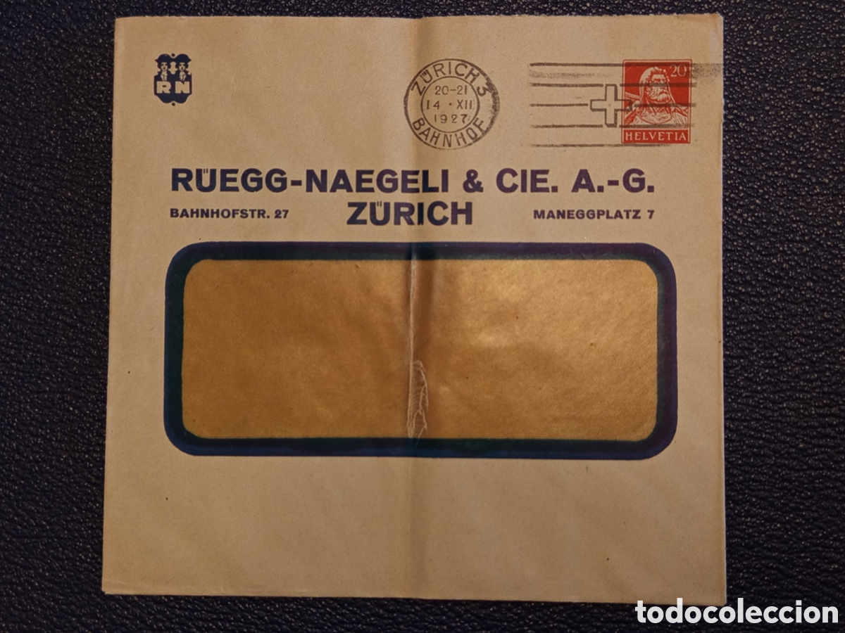 Sellos: Sobre Comercial Suiza 1927 - Guillermo Tell 20c, Matasellos Z&uacute;rich Bahnhof