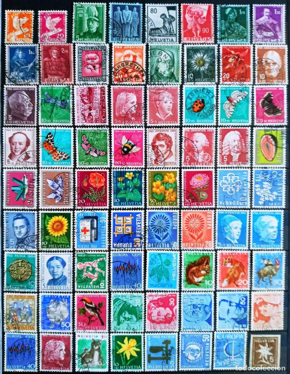 Sellos: SUIZA - IVERT 72 SELLOS USADOS - TEMATICOS MARIOPOSAS FLORES PERSONAJES LOS DE LA FOTO