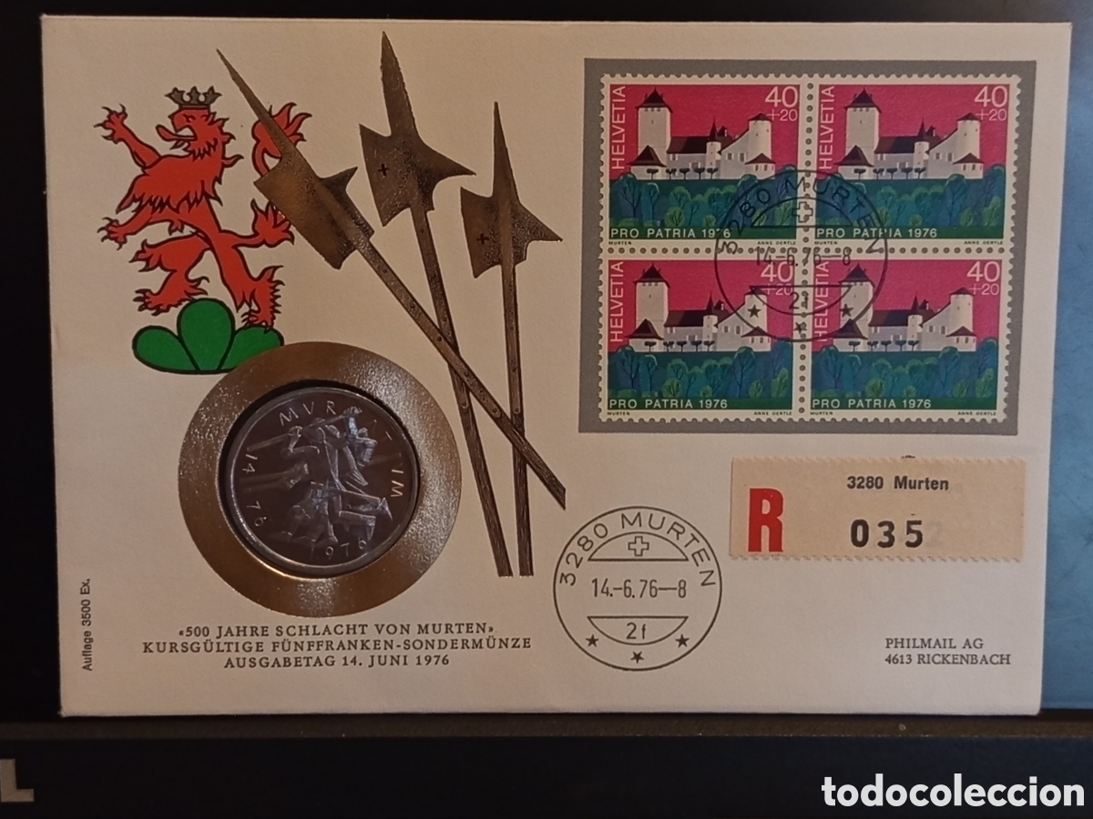Sellos: Sobre Suiza 1976 con Moneda 5 Francos Batalla de Murten (Tirada 3500)