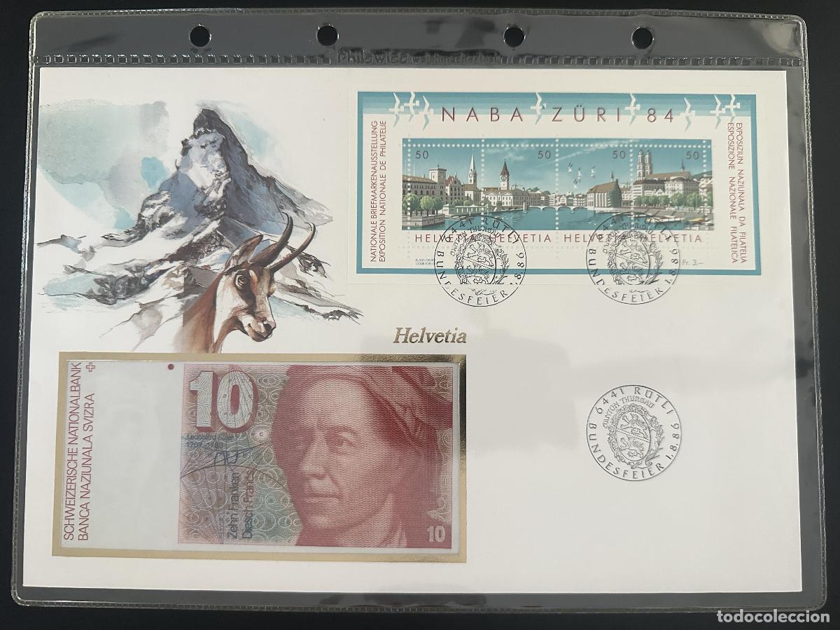 Sellos: Suiza sobre numism&aacute;tico NABA Z&uuml;ri 84 bloque matasellado billete 10 Fr