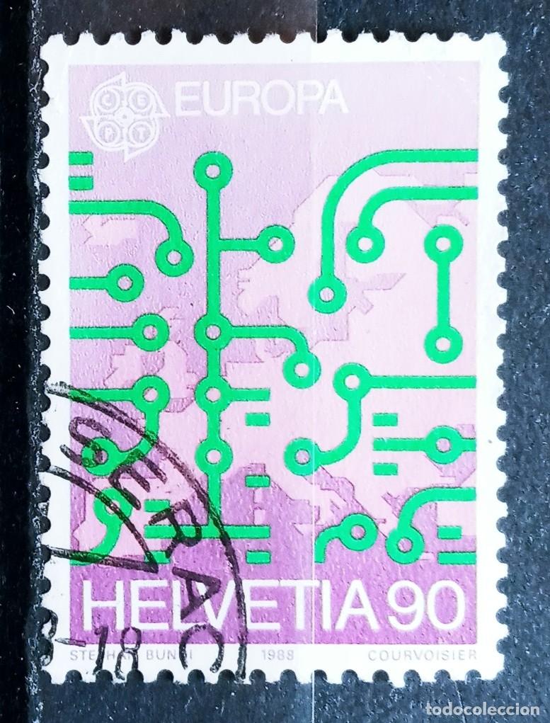 Sellos: SUIZA - IVERT 1299 USADO - EUROPA CEPT A&Ntilde;O 1988 - TRANSPORTES Y COMUNICACIONES