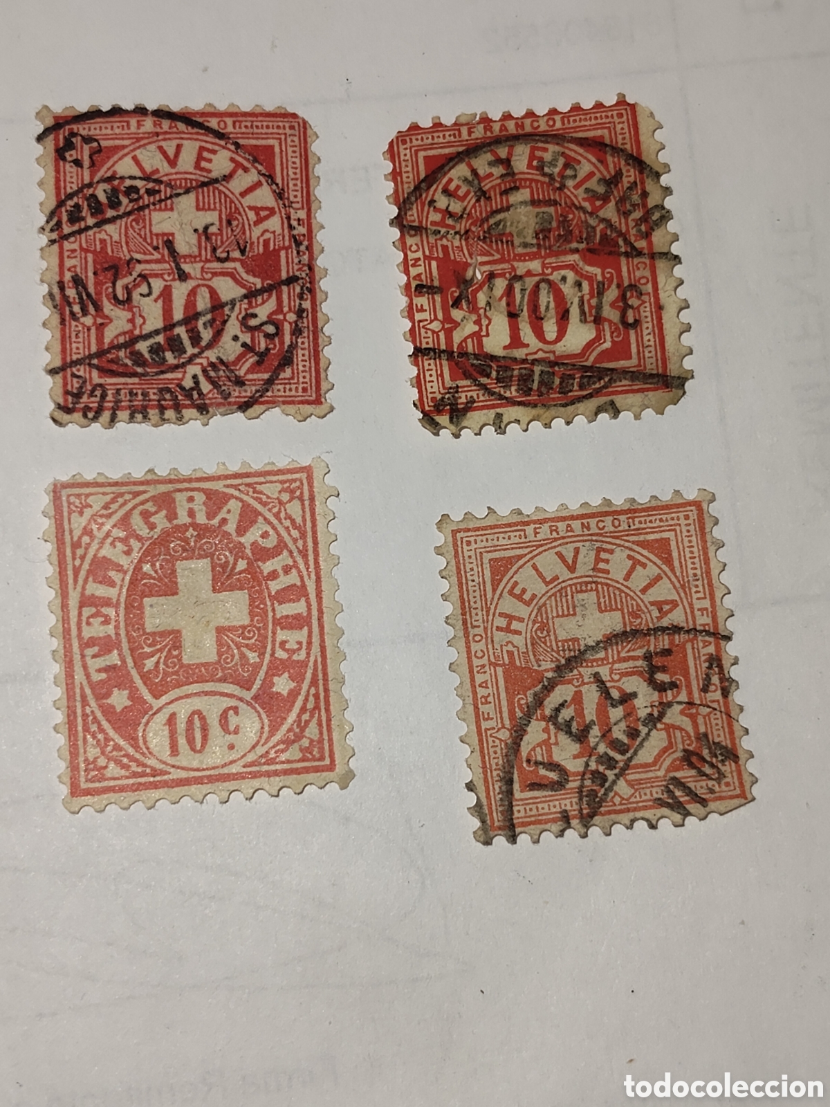 Sellos: 4 Sellos de Suiza escudo de armas y valor numerico sobre la cruz Helvetica 1882 usados