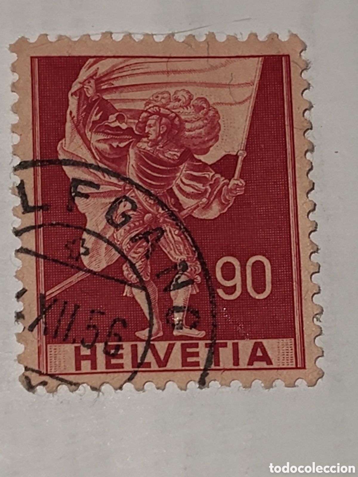 Sellos: Sello de Suiza abanderado hist&oacute;rico con armadura y bandera 1941 usado