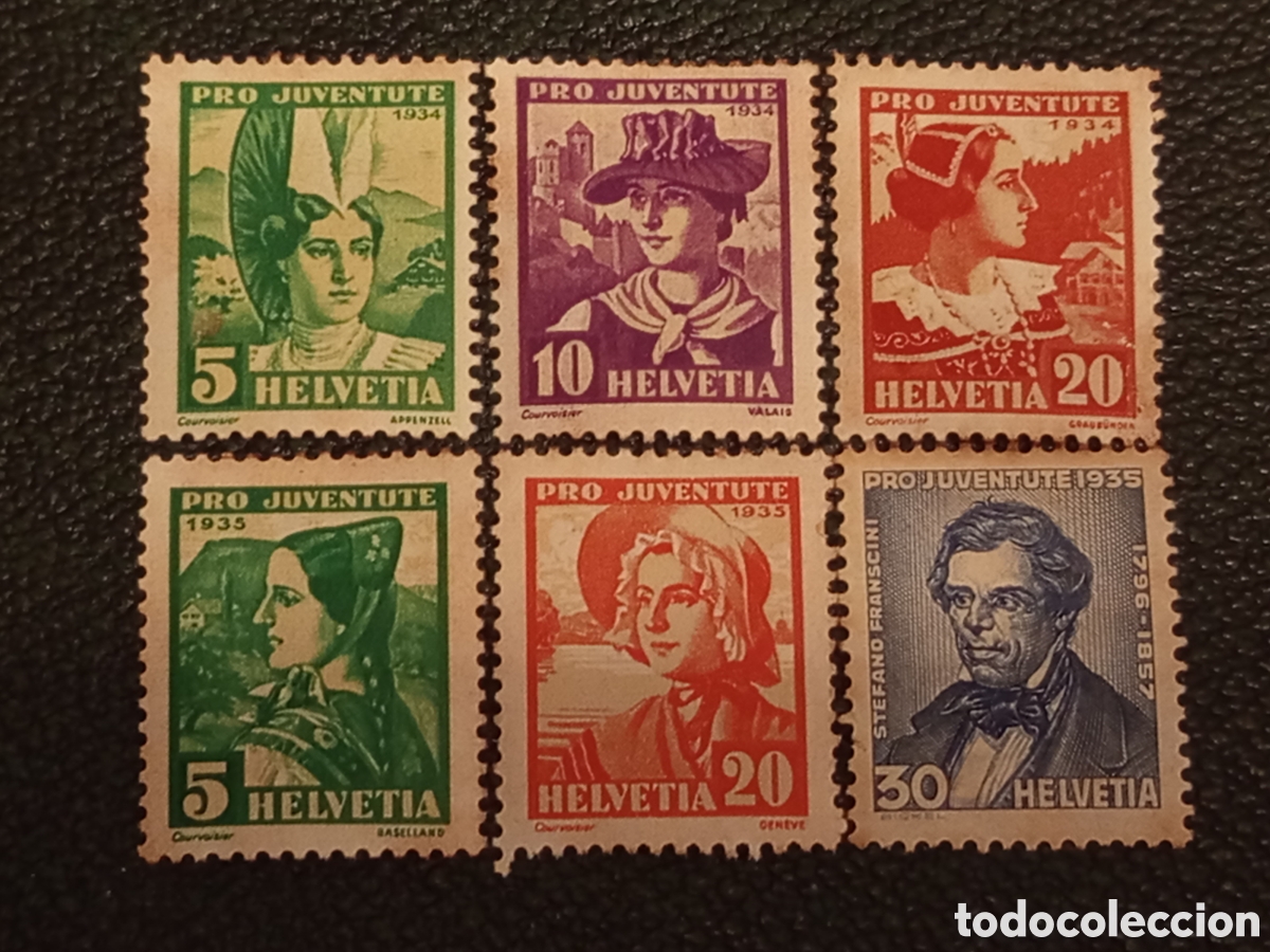 Sellos: Suiza 1934-1935 Lote 6 Sellos Trachten / Trajes T&iacute;picos Michel 281-283 y 287-289 MH