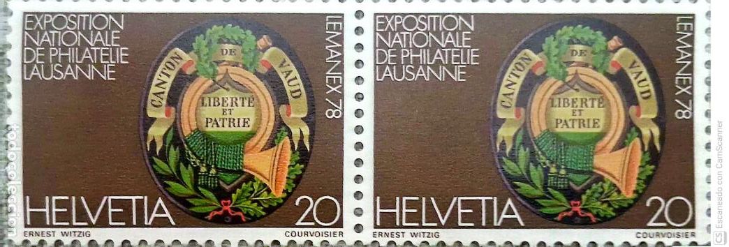 Sellos: Suiza. 1046 Placa de una diligencia de Vaud en la &eacute;poca de los correos cantonales, en pareja horizo