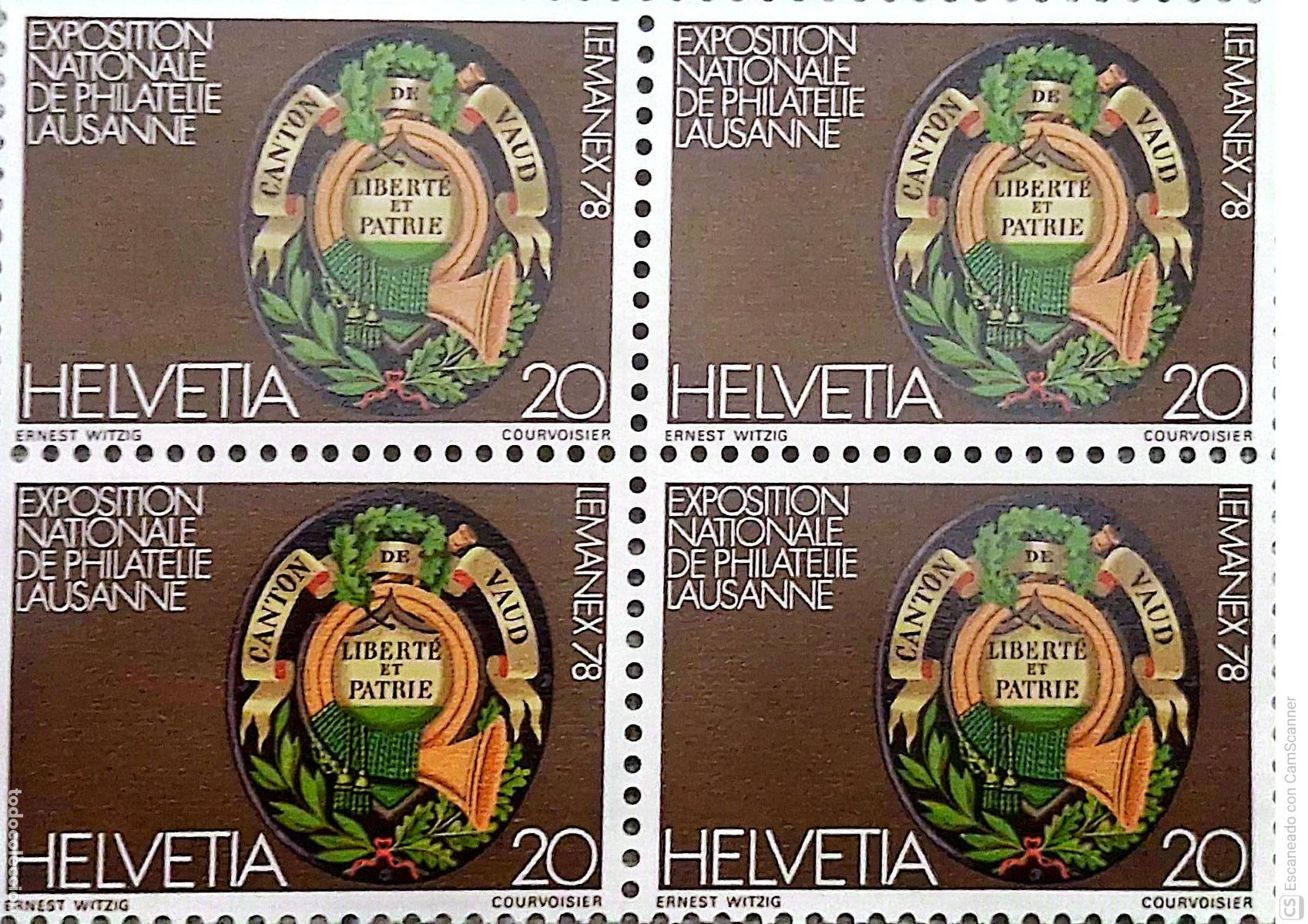 Sellos: Suiza. 1046 Placa de una diligencia de Vaud en la &eacute;poca de los correos cantonales, en bloque de cua