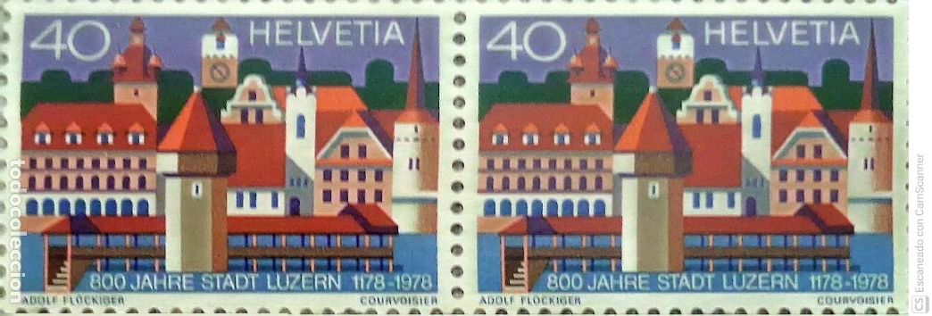 Sellos: Suiza. 1047 800&ordm; Aniversario ciudad de Lucerna, en pareja horizontal. 1978. Sellos nuevos y numera