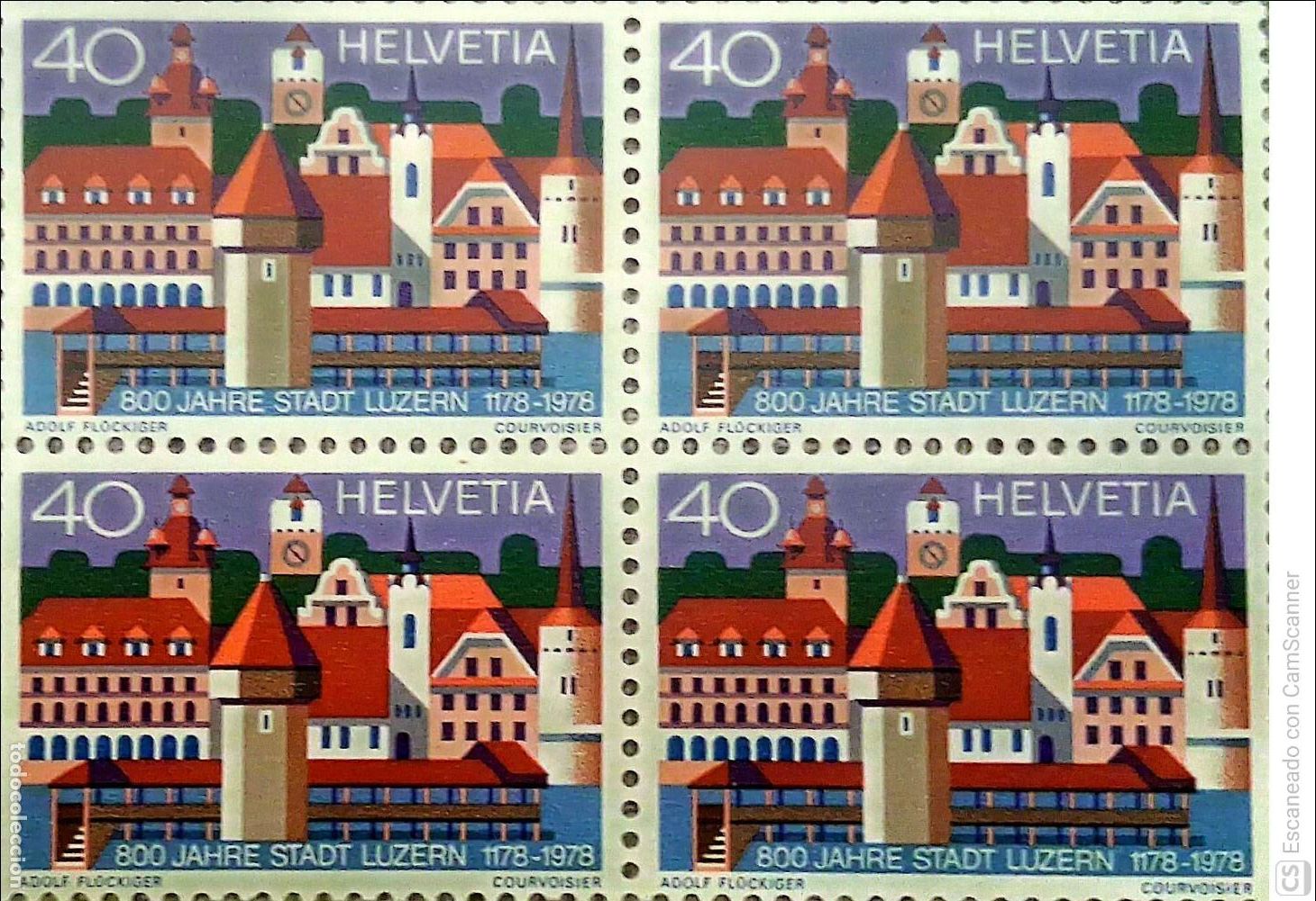 Sellos: Suiza. 1047 800&ordm; Aniversario ciudad de Lucerna, en bloque de cuatro. 1978. Sellos nuevos y numerac