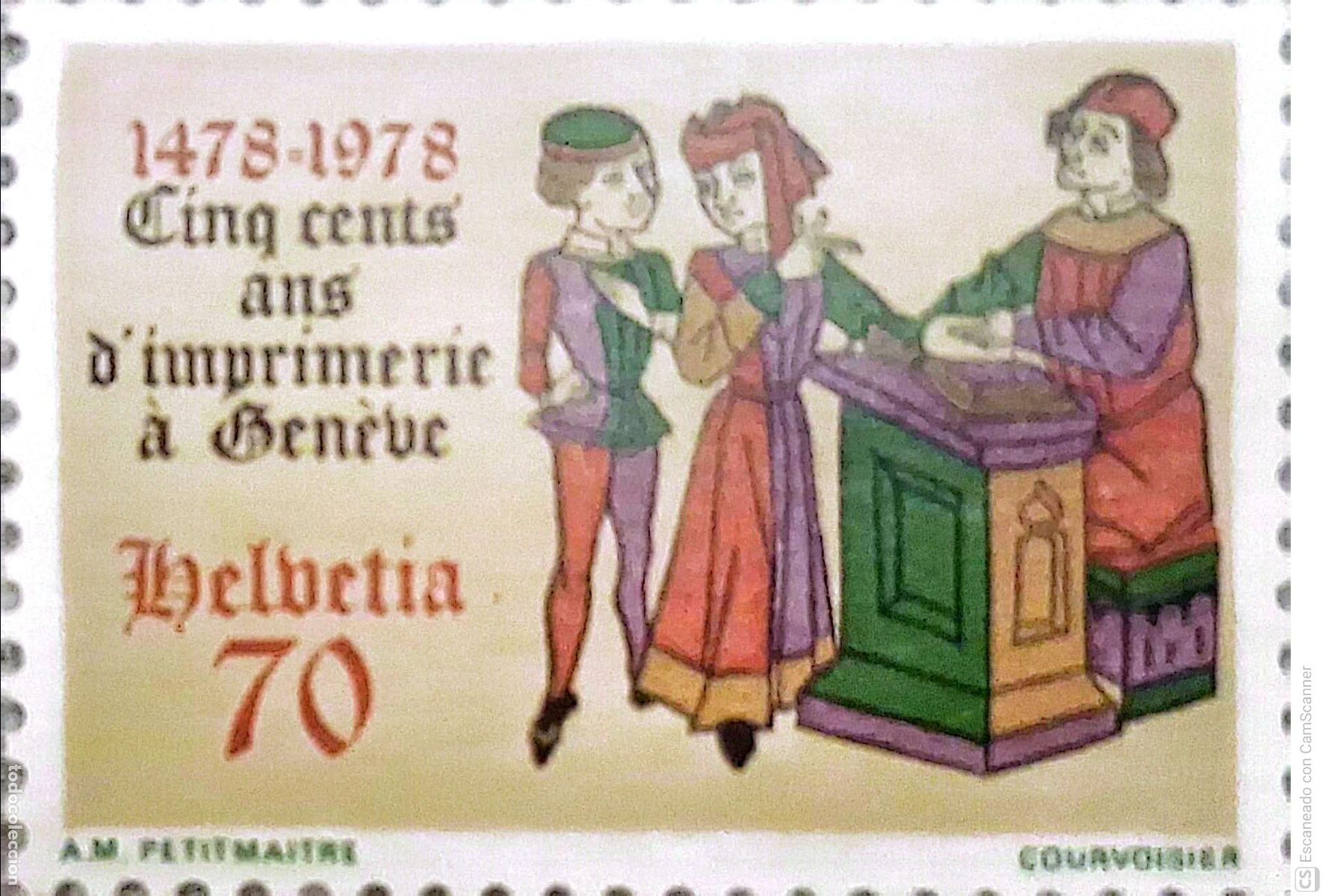 Sellos: Suiza. 1048 500 A&ntilde;os de la imprenta en Ginebra. 1978. Sellos nuevos y numeraci&oacute;n Yvert.