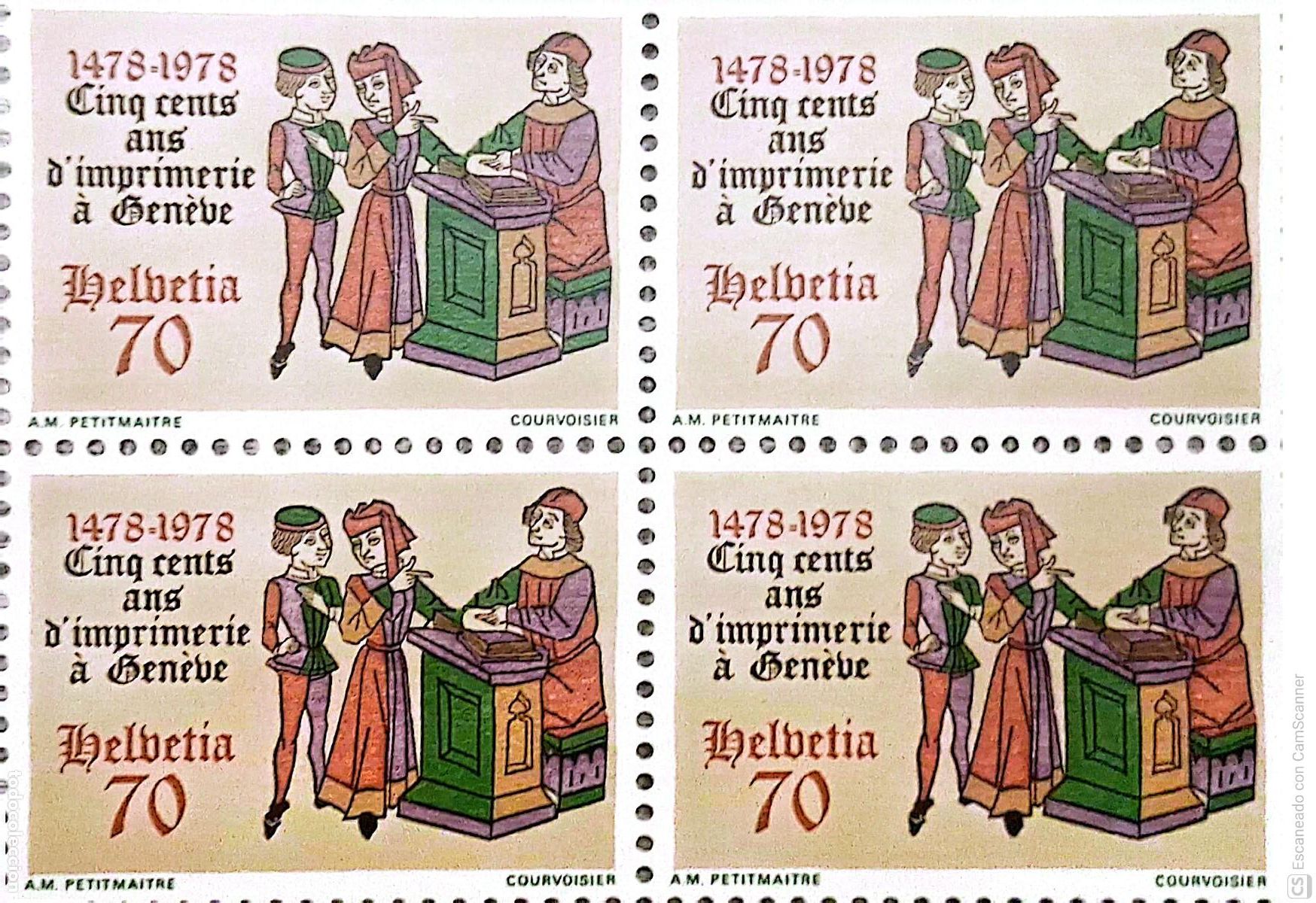 Sellos: Suiza. 1048 500 A&ntilde;os de la imprenta en Ginebra, en bloque de cuatro. 1978. Sellos nuevos y numerac