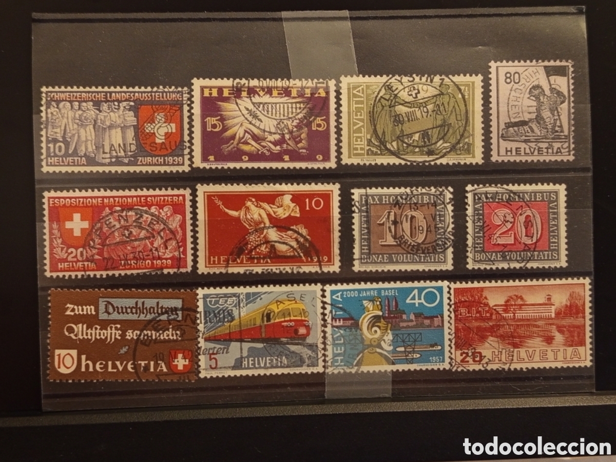Sellos: Tarjeta con 12 Sellos Antiguos de Suiza, &Eacute;poca de 1919 a 1957