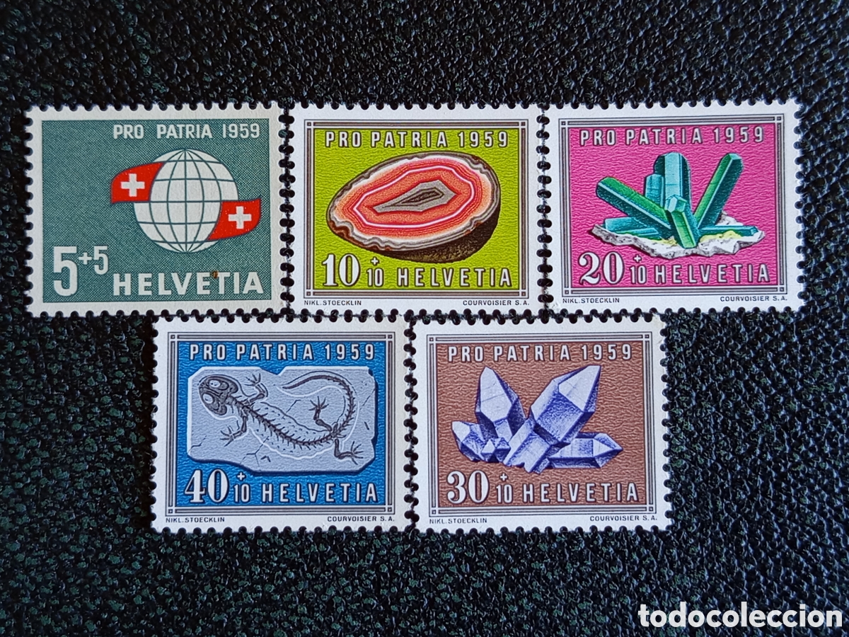 Sellos: Serie Completa Suiza 1959 Pro Patria Minerales y F&oacute;siles MNH Michel 674/678
