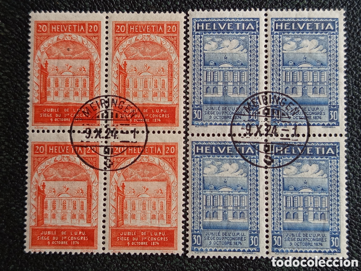 Sellos: Bloques Suiza 1924 UPU Bloques 4 Matasellos Primer D&iacute;a (Zumstein 192-193) Goma Alto valor