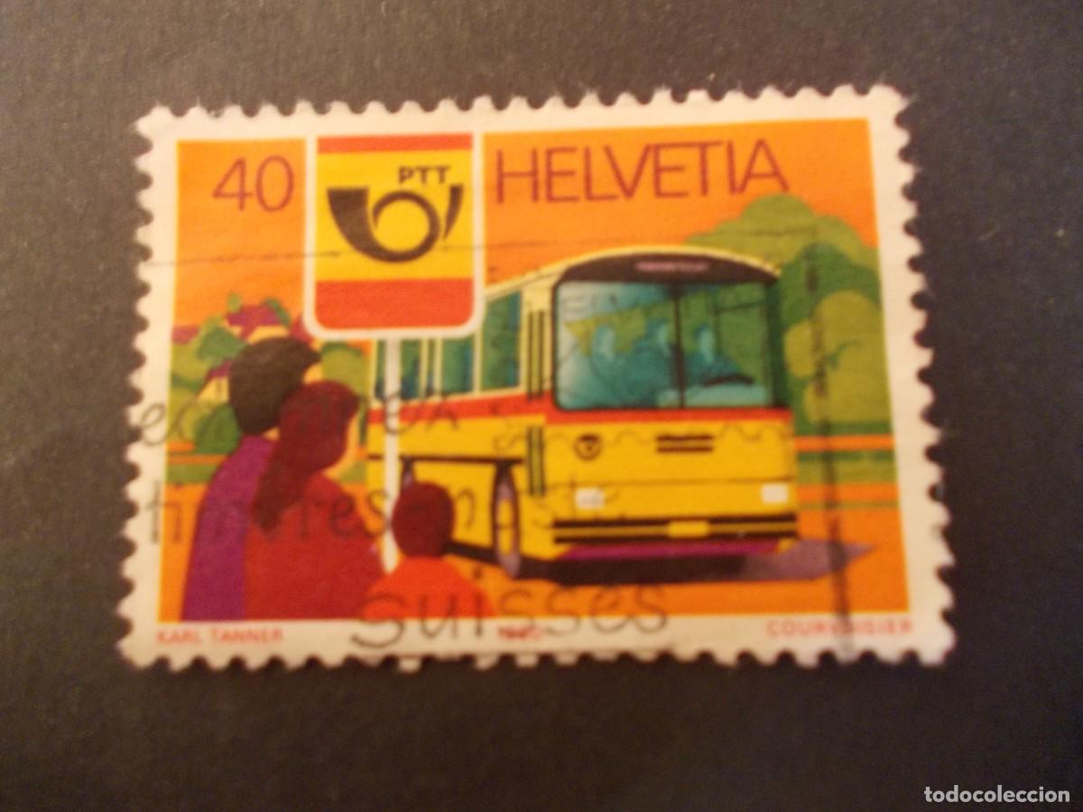 Selos: Sello Helvetia 40 PTT Autob&uacute;s correo suizo en ruta transporte correos suiza 1980