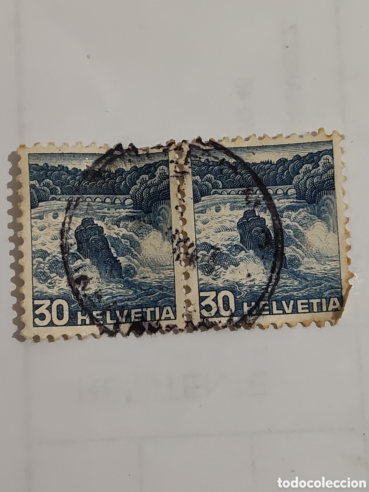 Sellos: Bloque de 2 sellos de Suiza cataratas del Rin 1936