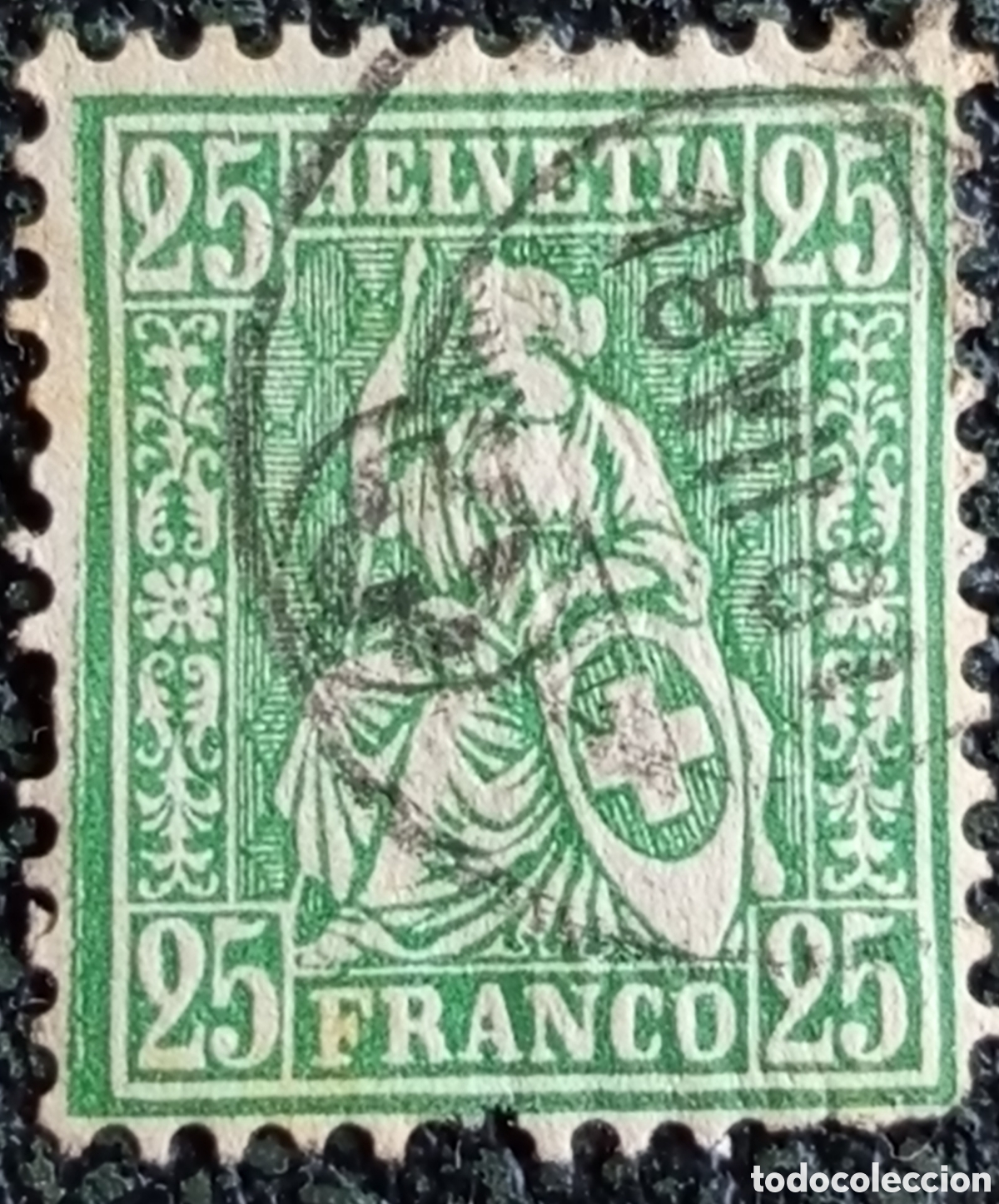 Sellos: Sello Suiza 1881 Helvetia Sentada 25 C&eacute;ntimos Verde Usado (Cat&aacute;logo Scott #60 / Michel #41)