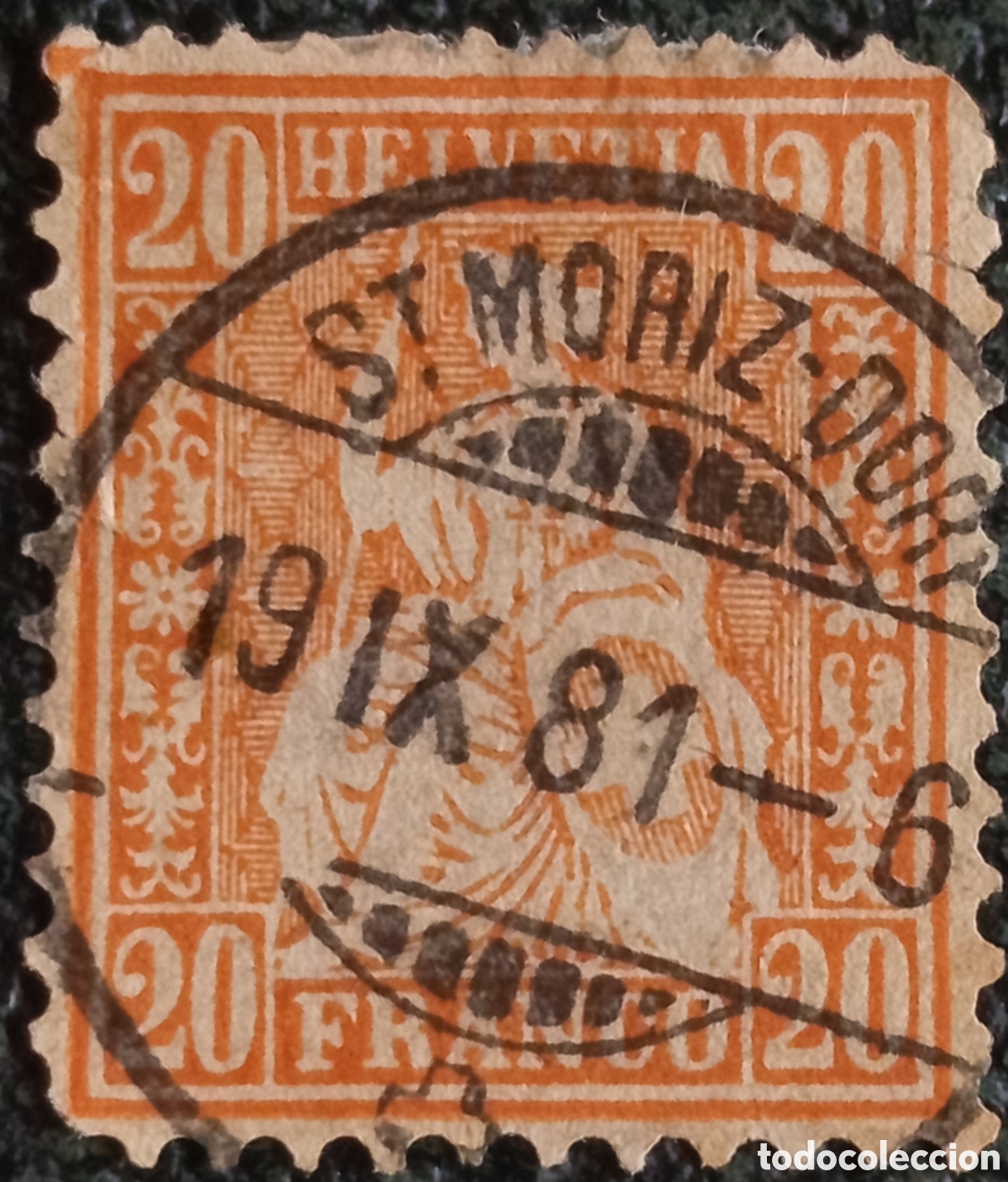 Sellos: Sello Suiza 1881 Helvetia Sentada 20 C&eacute;ntimos Naranja St. Moritz Usado Zum48