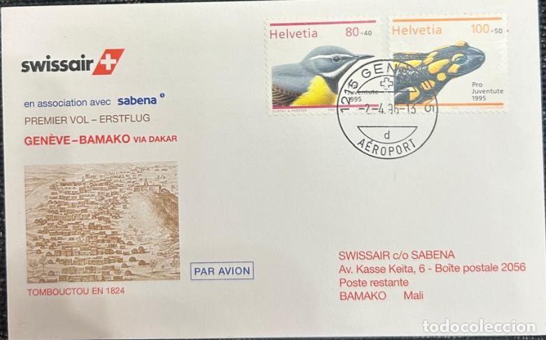 Sellos: TS.)1995, SWITZERLAND, FIRST DAY COVER, AIRMAIL, FROM GENEVA TO BAMAKO, MALI, COMMEMORATIVE PRE-PRIN