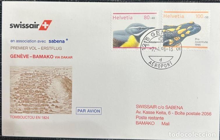 Sellos: TS.)1995, SWITZERLAND, FIRST DAY COVER, AIRMAIL, FROM GENEVA TO BAMAKO, MALI, COMMEMORATIVE PRE-PRIN