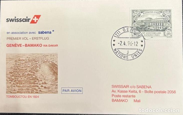 Sellos: TS.)1996, SWITZERLAND, GENEVA TO BAMAKO, MALI (VIA DAKAR, SENEGAL), AIRMAIL COVER, WITH A COMMEMORAT