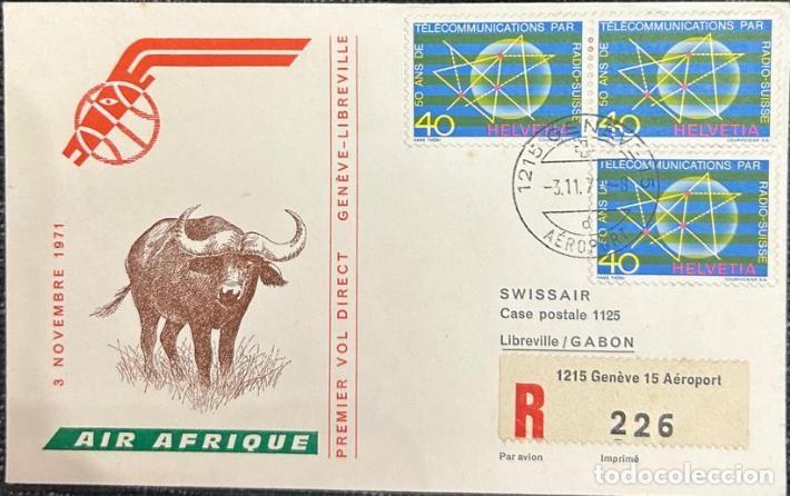 Sellos: TS.)1971, SWITZERLAND, GENEVA TO LIBREVILLE, GABON; AIRMAIL, COMMEMORATIVE PRE-PRINTED COVER FEATURI