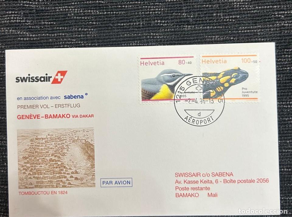 Sellos: O) 1996 SWITZERLAND, SWISSAIR - FIRST FLIGHT GENEVE - BAMAKO. BIRD - GREY WAGTAIL, SPOTTED SALAMAND