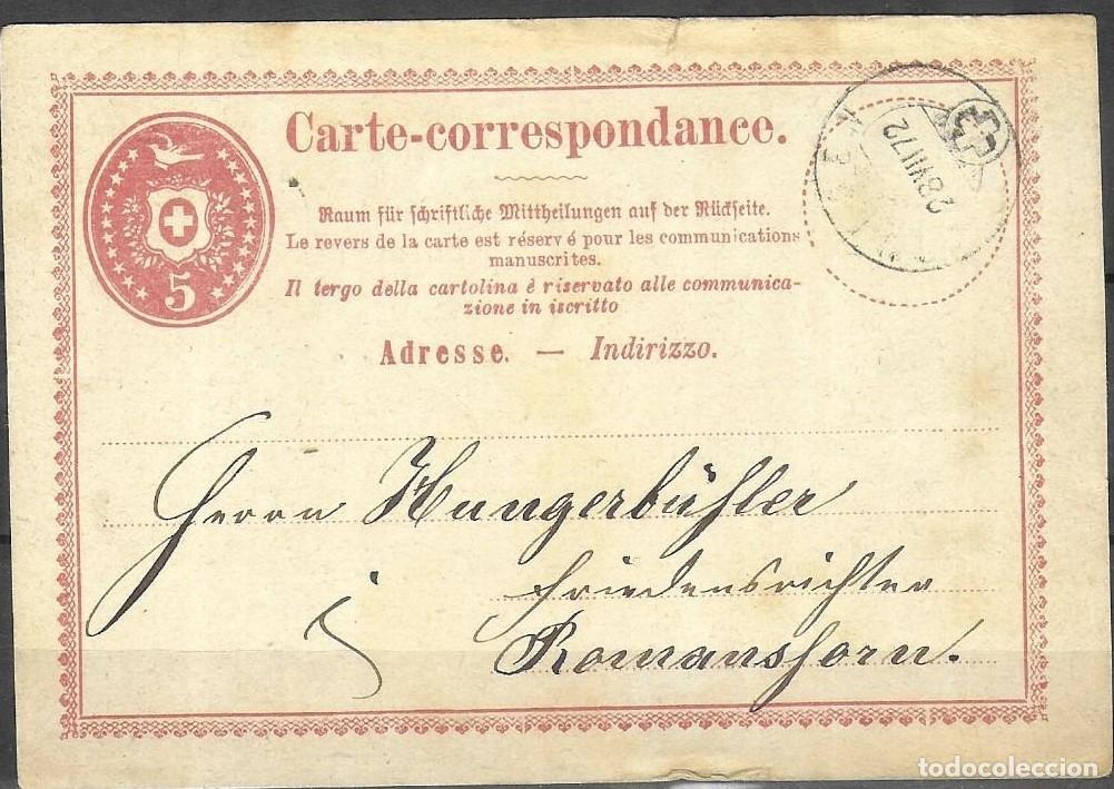 Sellos: SUISSE 1872 - Entero Postal Cl&aacute;sico Tarjeta de Correspondencia 5c Rojo - De Kirchberg a Romanshorn -