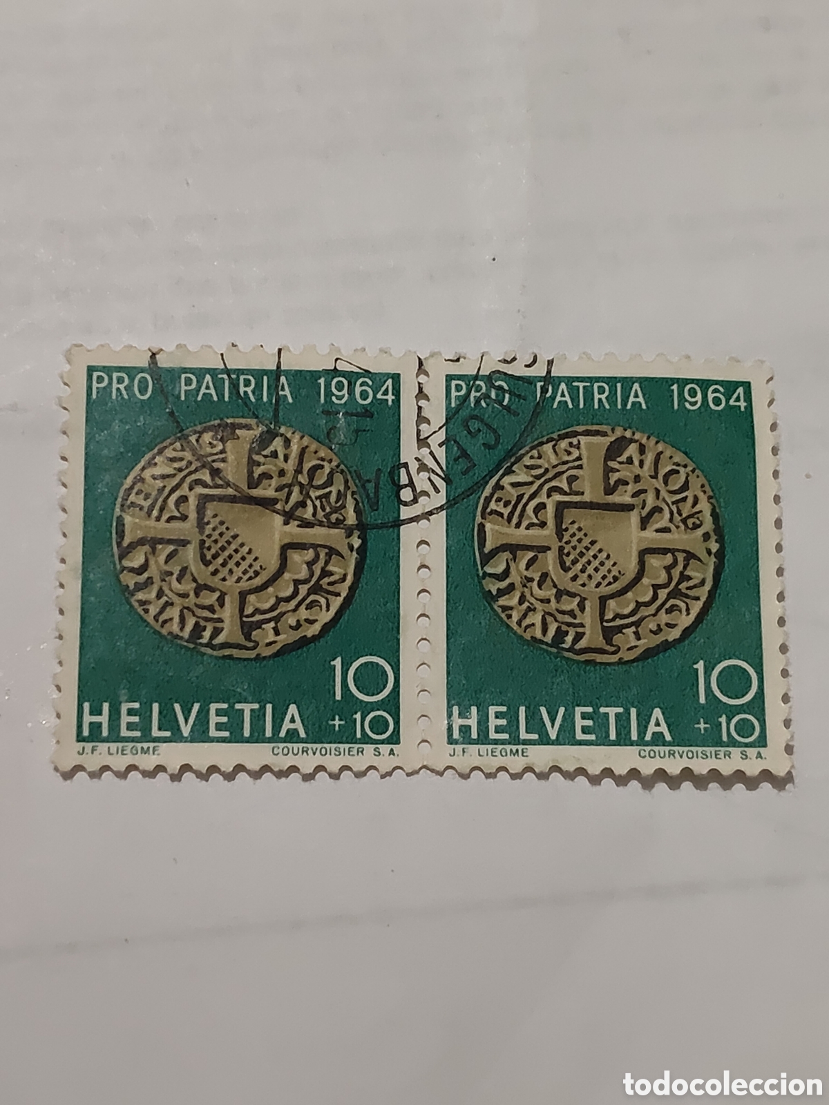Sellos: Bloque de 2 sellos de Suiza serie Pro Patria monedas antigua 1964