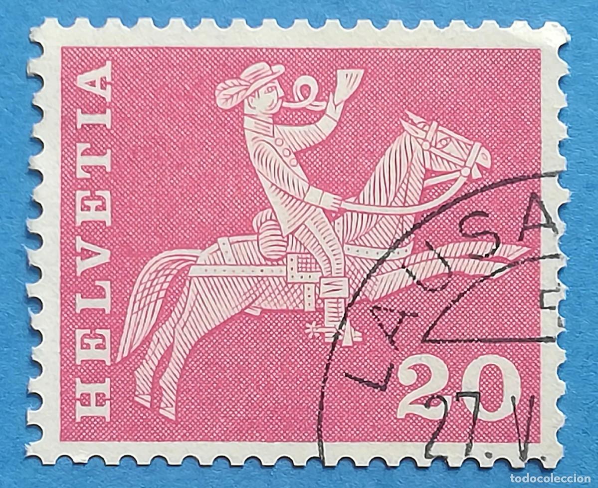 Sellos: Suiza. Helvetia 20 cts. A&ntilde;o 1960. Jinete a caballo con cuerno postal. Michel CH 699x. Usado.