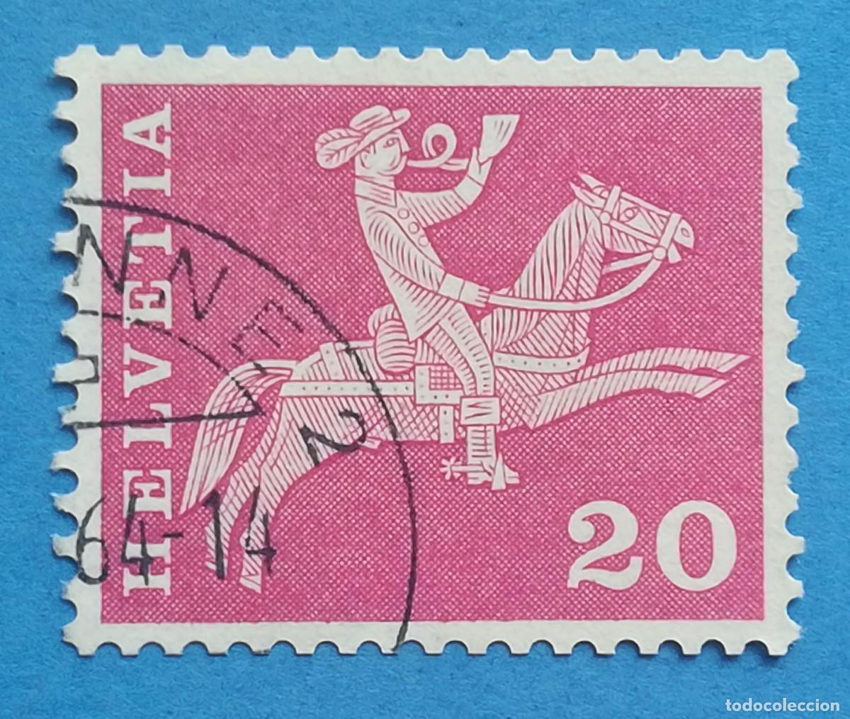 Sellos: Suiza. Helvetia 20 cts. A&ntilde;o 1960. Jinete a caballo con cuerno postal. Michel CH 699x. Usado.