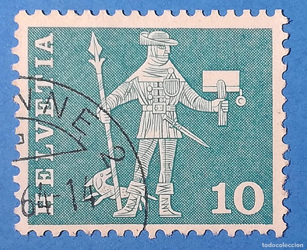 Sellos: Suiza. Helvetia 10 cts. A&ntilde;o 1960. Mensajero de Schwyz. Color verde azulado