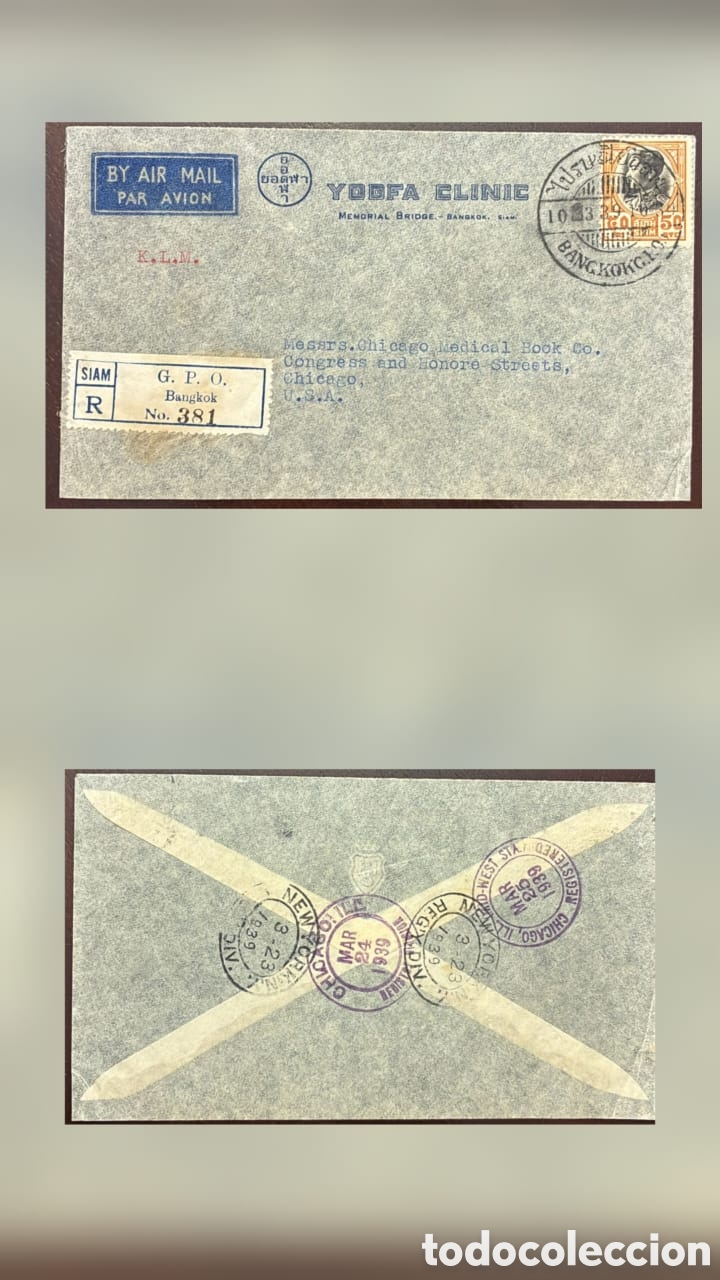 Sellos: CA)Thailand (Siam). 1939. Registered Airmail Medical Correspondence.Envelope sent from Bangkok&rsquo;s Gen