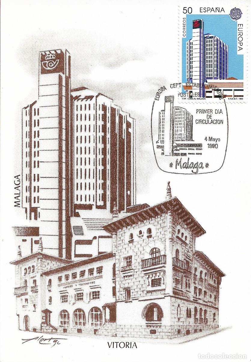 Sellos: EDIFICIO DE COMUNICACIONES ESTABLECIMIENTOS POSTALES EUROPA 1990 (EDIFIL 3059) EN TM PD MOD 3 MALAGA - Foto 1
