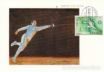 Sellos: EDIFIL 2098, ESGRIMA, OLIMPIADA DE MUNICH, TARJETA MAXIMA DE PRIMER D&Iacute;A DE 26-8-1972