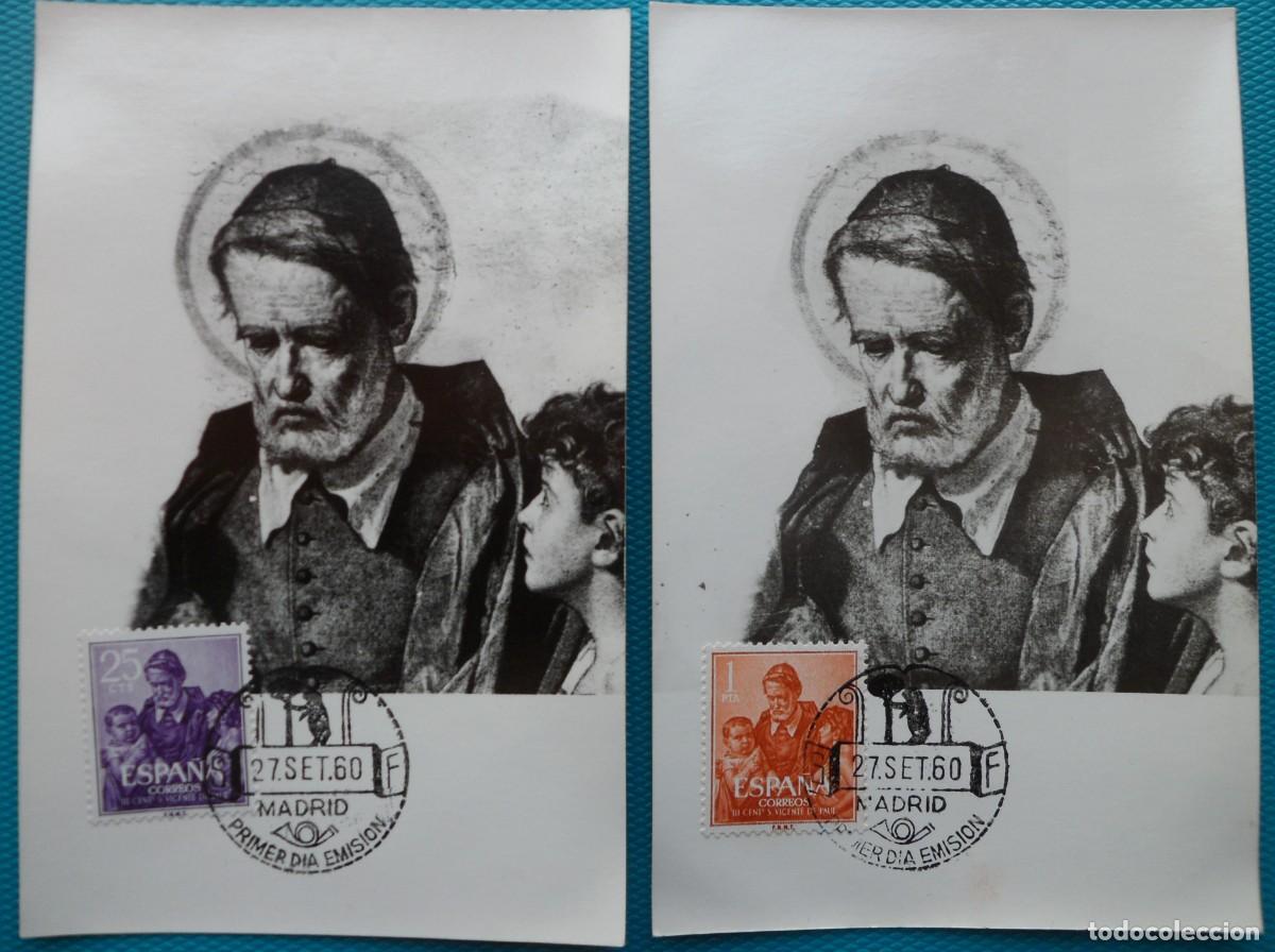 Sellos: 1960-ESPA&Ntilde;A-TARJETAS MAXIMAS-VER FOTO- N&ordm;1296/7-SAN VICENTE DE PAUL(1581-1660)