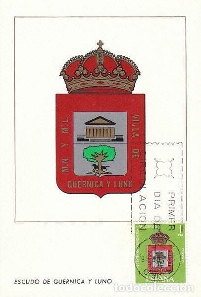 Sellos: EDIFIL 1720/2, VI CENTENARIO FUNDACION DE GUERNICA, TARJETA MAXIMA PRIMER DIA 28-4-1966 SERIE COMPLE