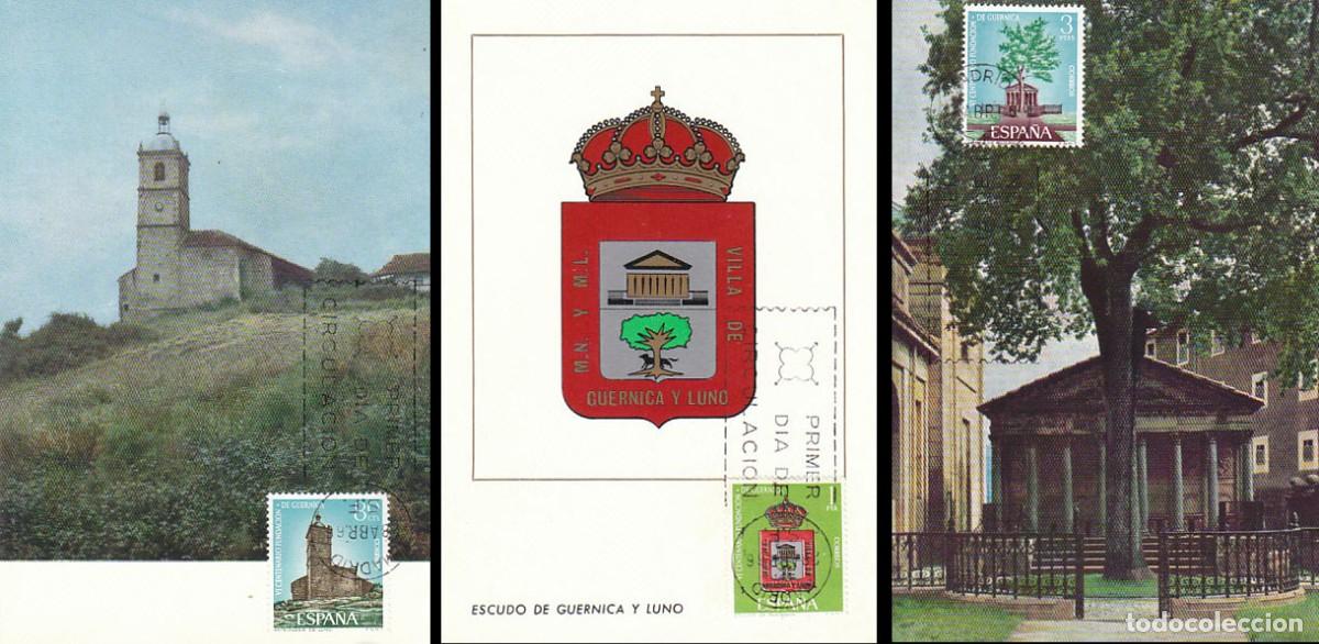 Sellos: EDIFIL 1720/2, VI CENTENARIO FUNDACION DE GUERNICA, TARJETA MAXIMA PRIMER DIA 28-4-1966 SERIE COMPLE
