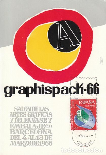 Sellos: EDIFIL 1709, GRAPHISPACK, SALON ARTES GRAFICAS, TARJETA MAXIMA PRIMER DIA DE 4-3-1966