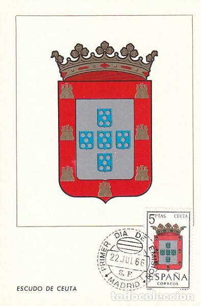 Sellos: EDIFIL 1702, ESCUDO DE CEUTA, TARJETA MAXIMA DE PRIMER DIA DE 1966