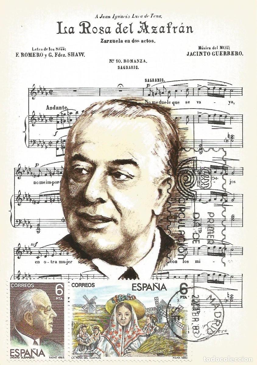 Sellos: ESPA&Ntilde;A 1983. TARJETA MAXIMA M&Uacute;SICA. JACINTO GUERRERO. MATASELLO P.D.C. MADRID