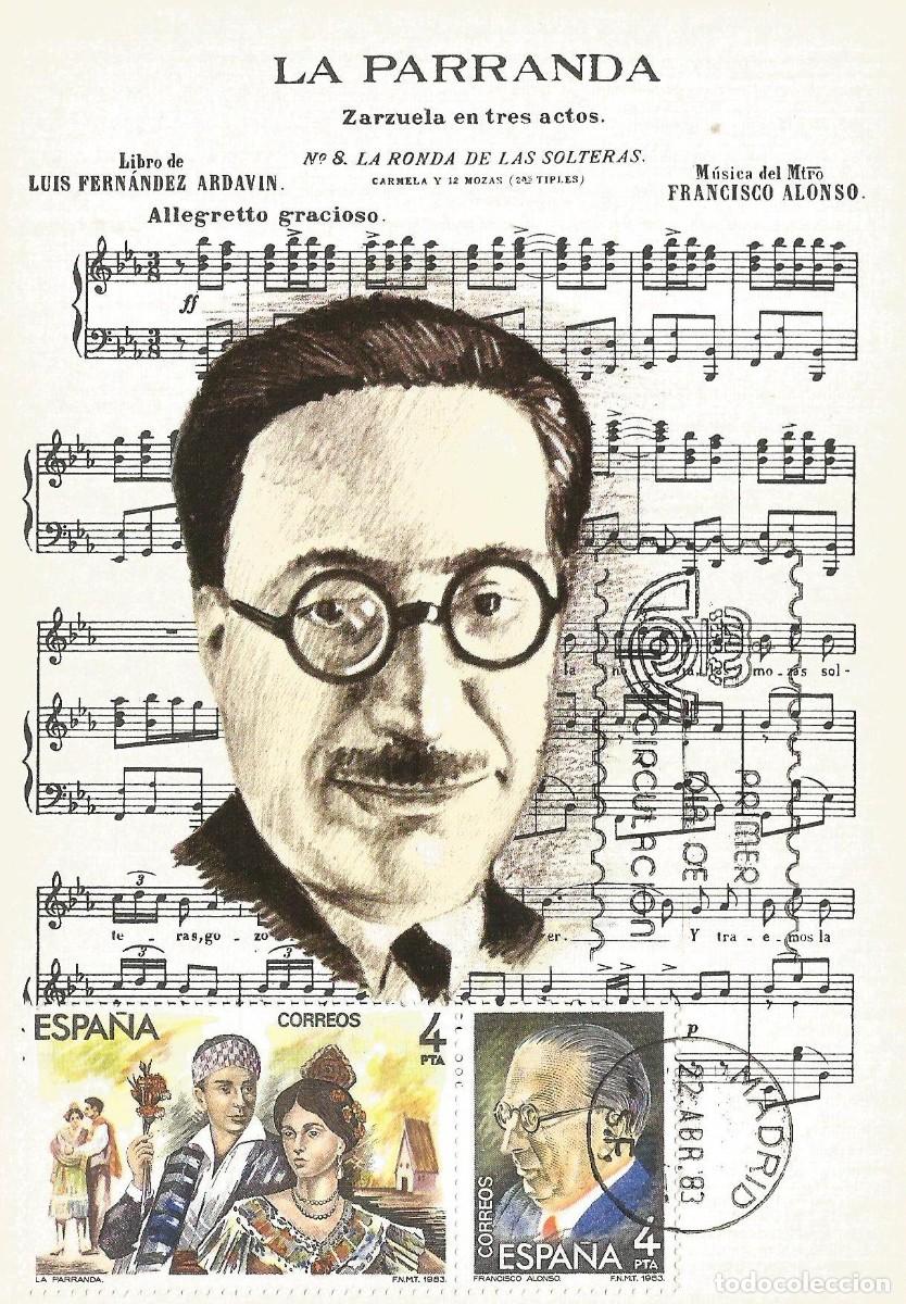 Sellos: ESPA&Ntilde;A 1983. TARJETA MAXIMA M&Uacute;SICA. FRANCISCO ALONSO. MATASELLO P.D.C. MADRID