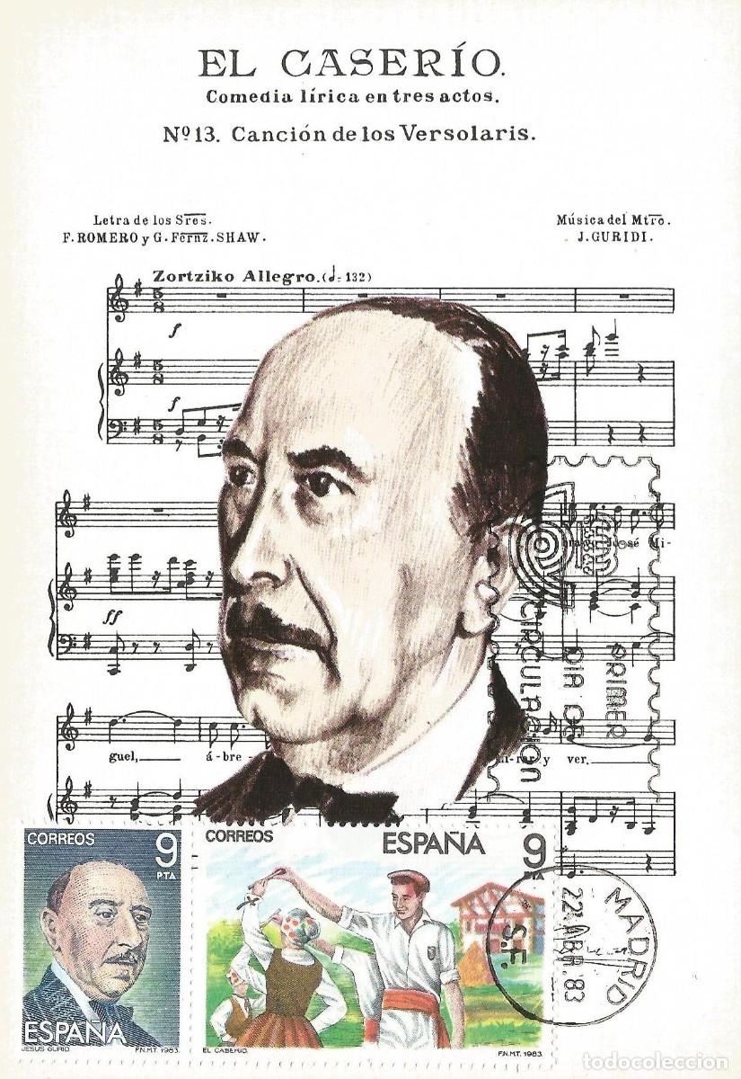 Sellos: ESPA&Ntilde;A 1983. TARJETA MAXIMA M&Uacute;SICA. JES&Uacute;S GURIDI. MATASELLO P.D.C. MADRID