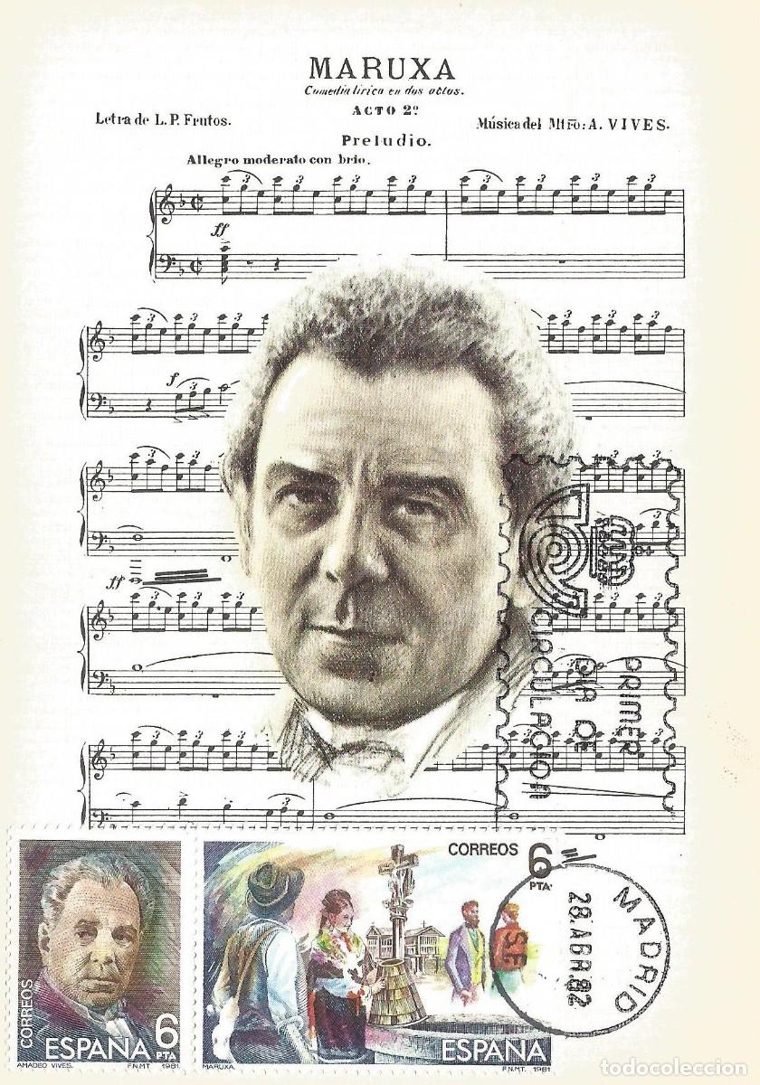 Sellos: ESPA&Ntilde;A 1982. TARJETA MAXIMA M&Uacute;SICA. AMADEO VIVES. MATASELLO P.D.C. MADRID