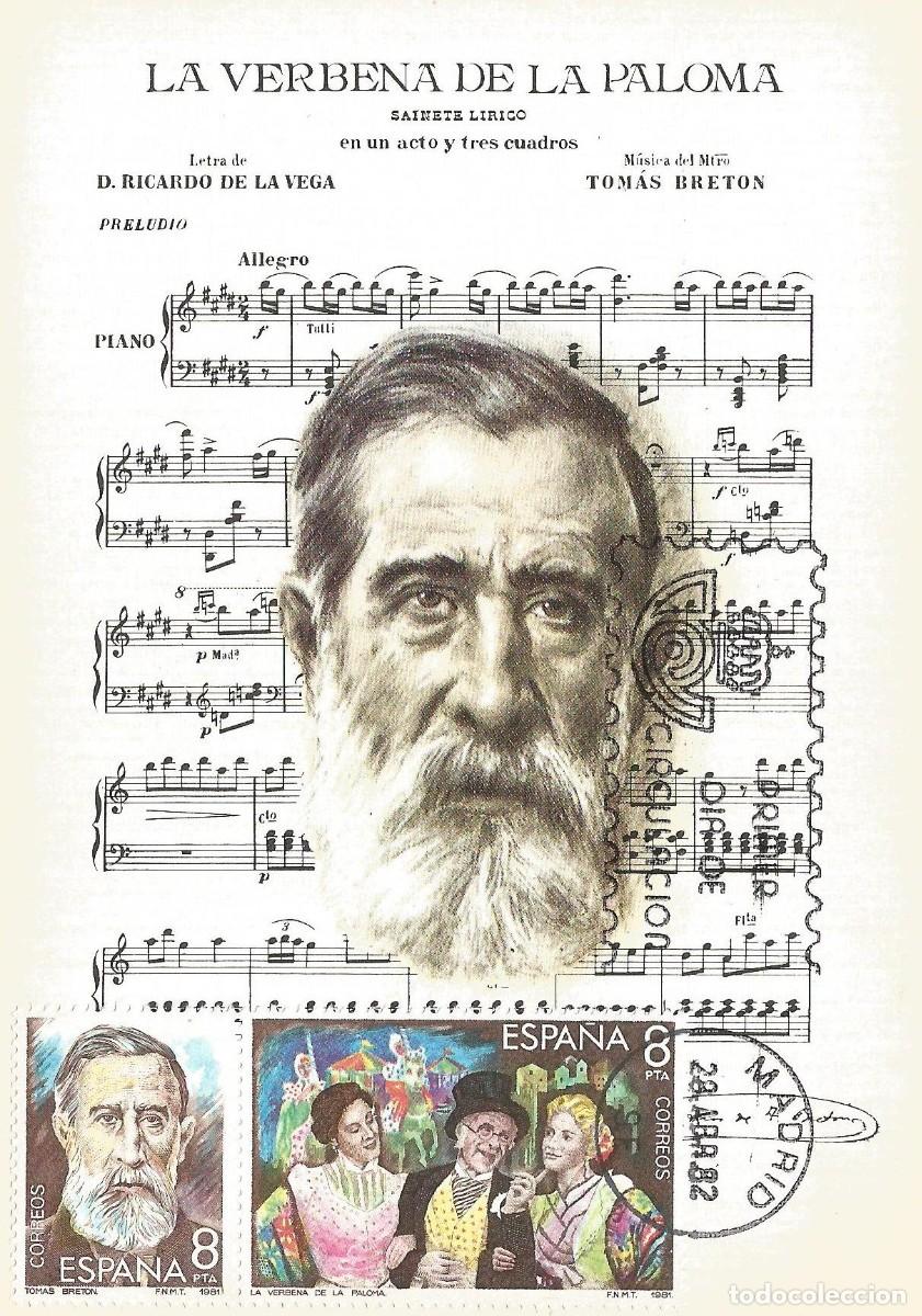 Sellos: ESPA&Ntilde;A 1982. TARJETA MAXIMA M&Uacute;SICA. TOM&Aacute;S BRET&Oacute;N. MATASELLO P.D.C. MADRID