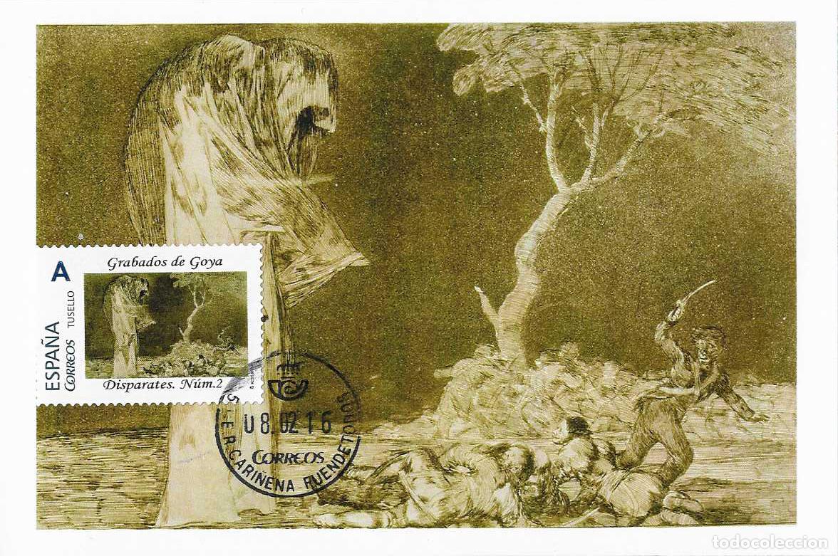 Sellos: RARO TU SELLO FRANCISCO DE GOYA GRABADOS DISPARATES ESTAMPA N&ordm; 2 EN TM FUENDETODOS (ZARAGOZA) 2016