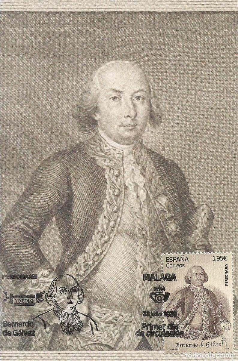 Sellos: SPAIN MAXICARD. ESPA&Ntilde;A 2025. TARJETA MAXIMA BERNARDO DE G&Aacute;LVEZ. MILITAR Y GOBERNADOR