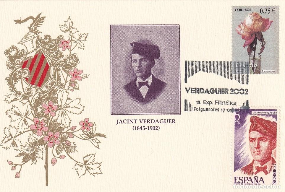 Sellos: Tarjeta Folgueroles 2002 - 1&ordf; Exposici&oacute;n Filat&eacute;lica Jacint Verdaguer 1845-1902, La flor y el paisaje